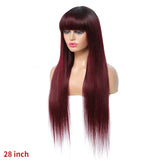 Straight Burgundy Human Hair Wigs with Bangs #99J